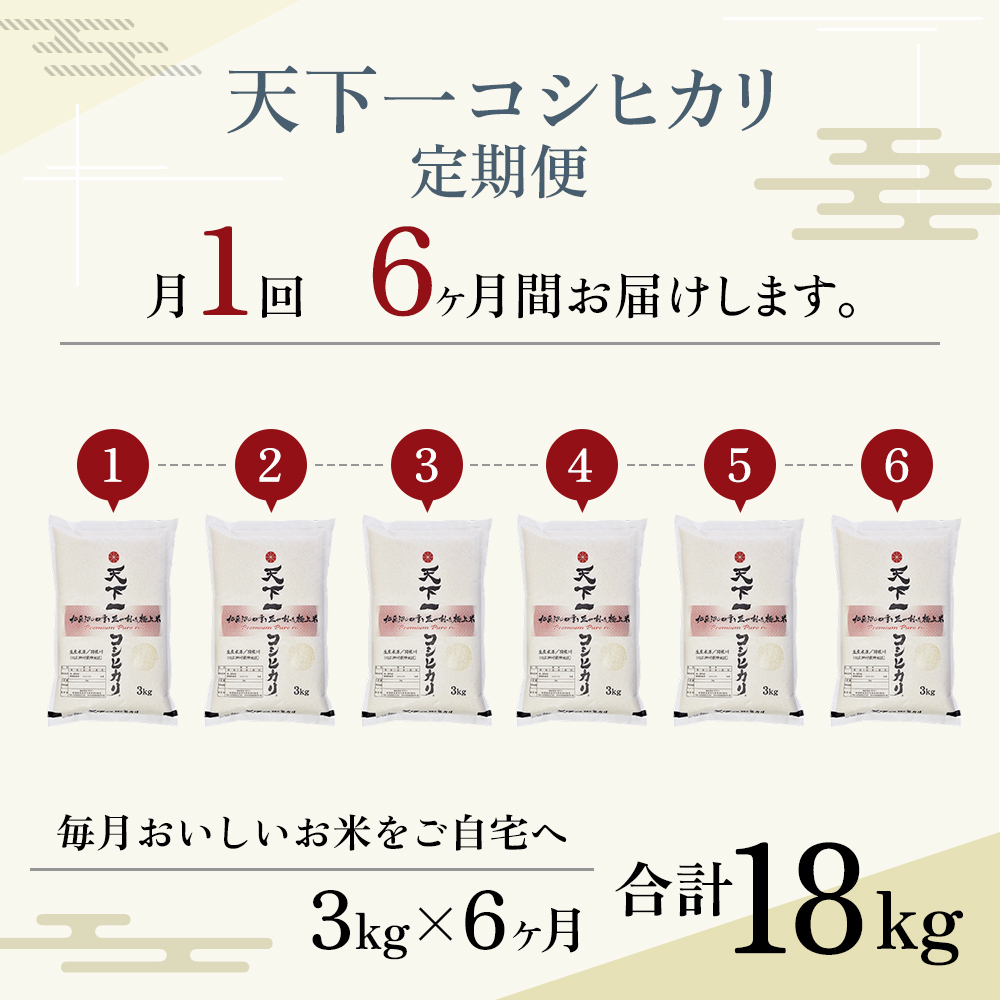 定期便 魚沼産 天下一コシヒカリ（商標） 3kg 食べればわかります！ 全 6回 （ 米 6ヶ月 コシヒカリ お米 精米 新潟 魚沼 魚沼産こしひかり 米3kg 白米 定期 お楽しみ ）