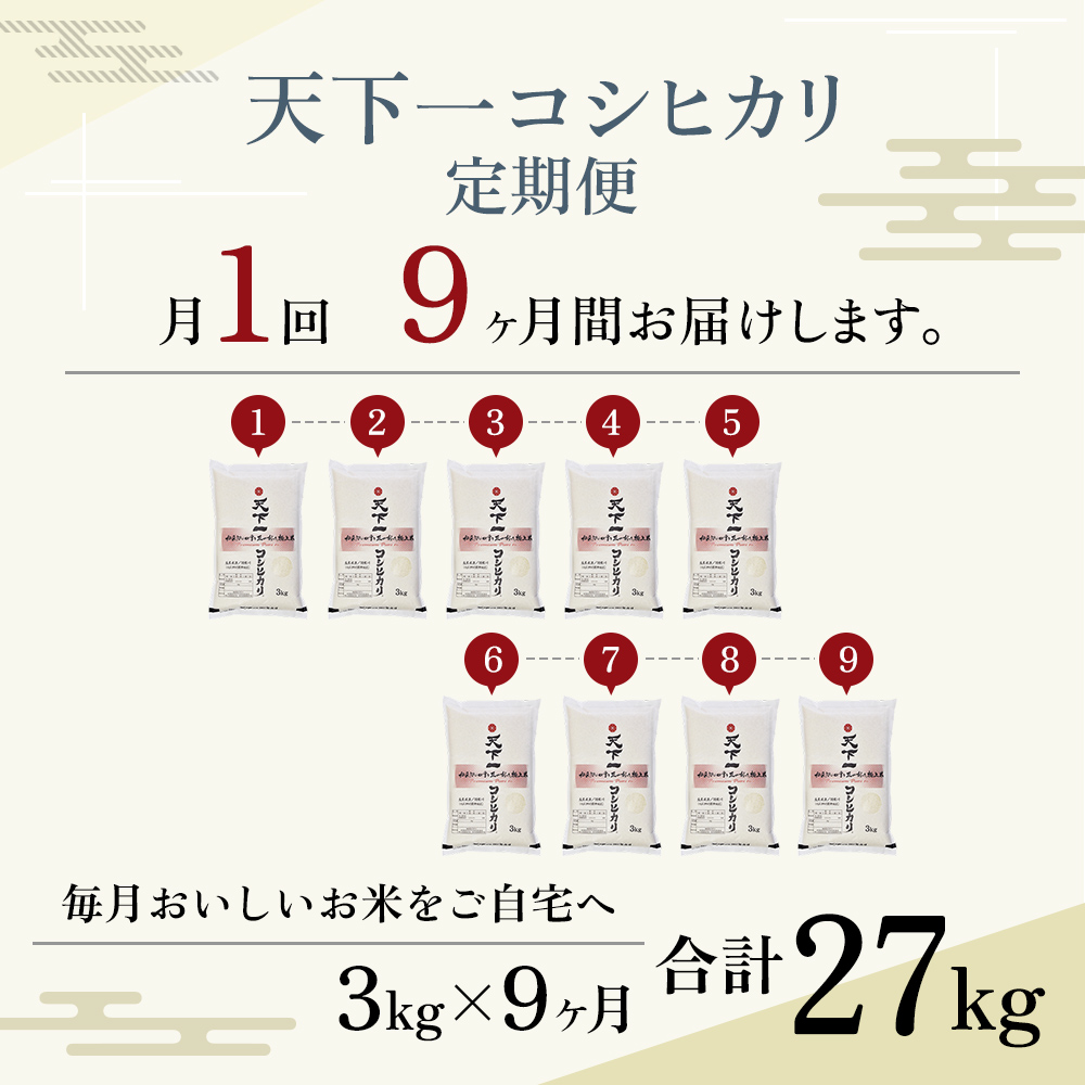 定期便 魚沼産 天下一コシヒカリ（商標） 3kg 食べればわかります！ 全 9回 （ 米 定期便 9ヶ月 コシヒカリ お米 精米 新潟 魚沼 魚沼産コシヒカリ 魚沼産こしひかり 米3kg 定期 お楽しみ ）