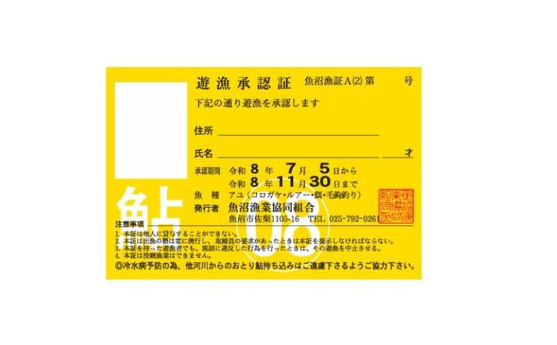 遊漁年券A2あゆ　竿釣（コロガケ、ルアー、餌、毛鉤釣りのみ）（但し魚沼漁業協同組合の範囲内に限ります）