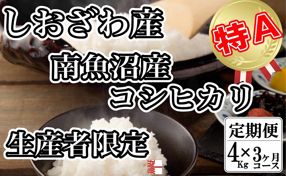 【令和7年産】【定期便：４Kg×3ヶ月】生産者限定 契約栽培 南魚沼しおざわ産コシヒカリ【2025年10月上旬より順次発送予定】