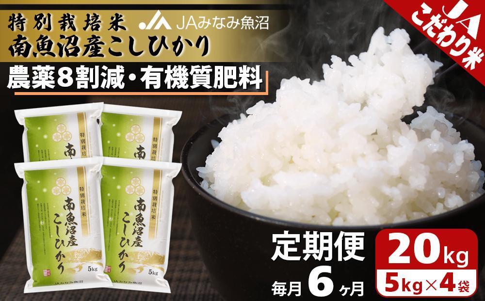 【JAみなみ魚沼定期便】特別栽培米南魚沼産こしひかり8割減（20kg×全6回）精米 農薬8割削減 有機肥料 精米HACCP認定工場 特A獲得日本一産地 高品質精米 もっちり甘い 南魚沼産コシヒカリ