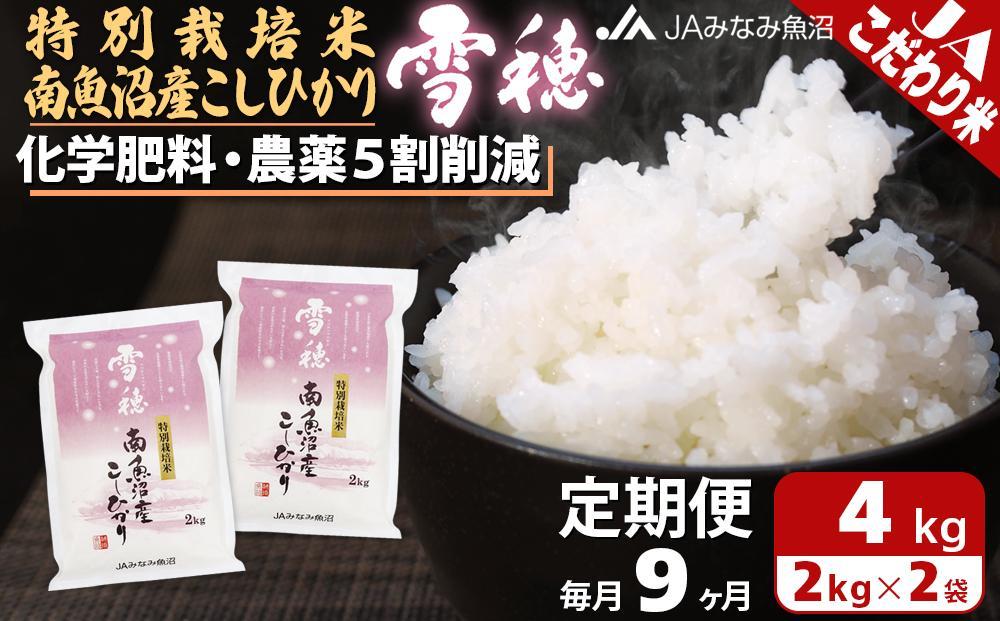 【JAみなみ魚沼定期便】特別栽培米南魚沼産こしひかり「雪穂」（2kg×2袋×全9回）精米 農薬5割削減 精米HACCP認定工場 特A獲得日本一産地 高品質精米 もっちり甘い 南魚沼産コシヒカリ