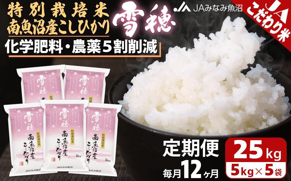 【JAみなみ魚沼定期便】特別栽培米南魚沼産こしひかり「雪穂」（25kg×全12回）精米 農薬5割削減 精米HACCP認定工場 特A獲得日本一産地 高品質精米 もっちり甘い 南魚沼産コシヒカリ