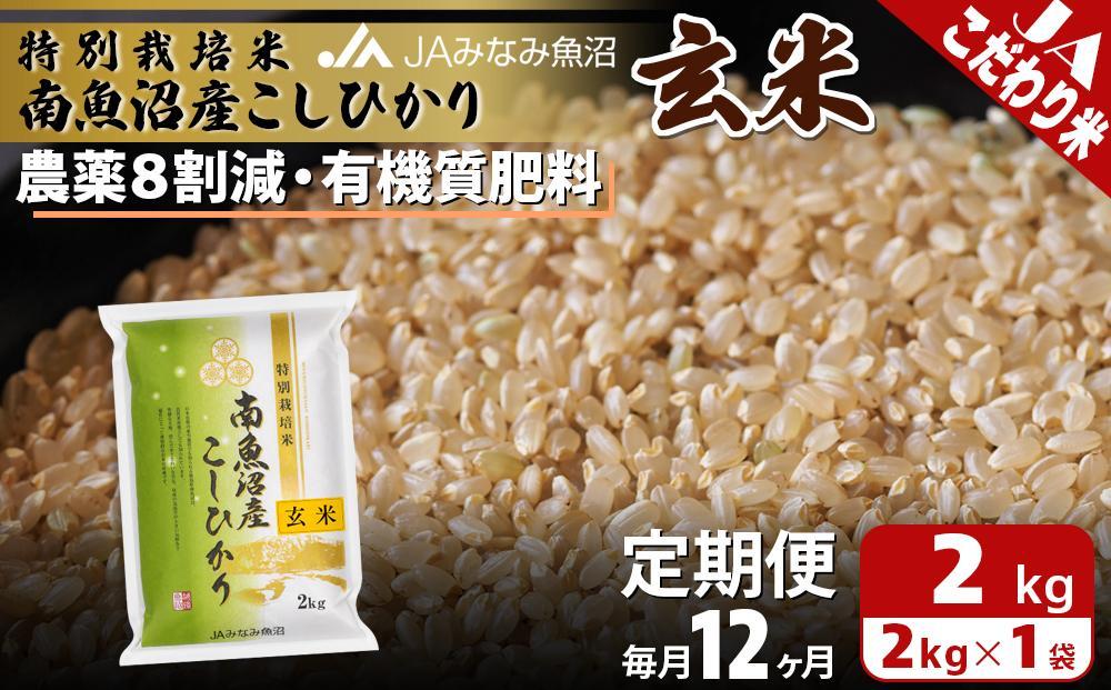 【JAみなみ魚沼定期便】特別栽培米南魚沼産こしひかり8割減玄米（2kg×全12回）