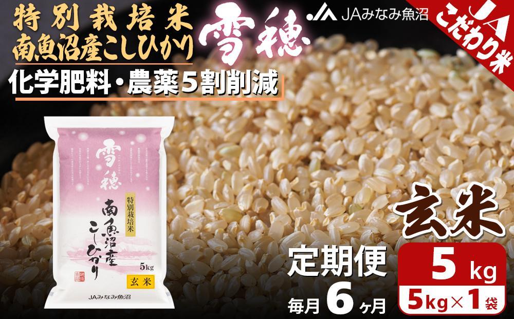 【JAみなみ魚沼定期便】特別栽培米南魚沼産こしひかり「雪穂」玄米（5kg×全6回）農薬5割削減 調整玄米 精選玄米 特A獲得日本一産地 高品質精米 もっちり甘い 南魚沼産コシヒカリ