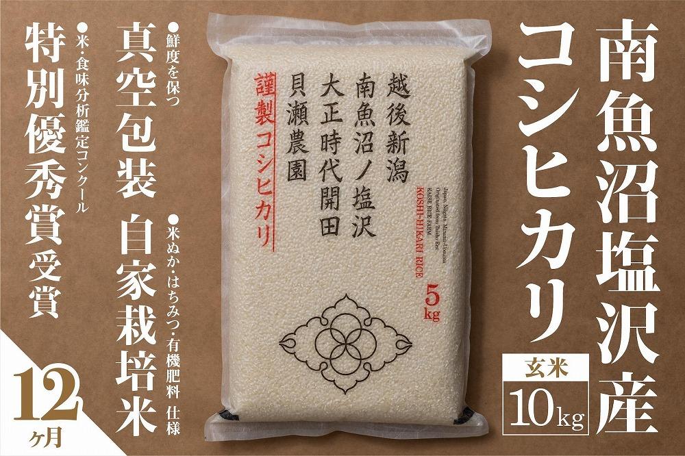 【定期便】自家栽培米　南魚沼塩沢産コシヒカリ　玄米10kg(5kg×2個)×全12回