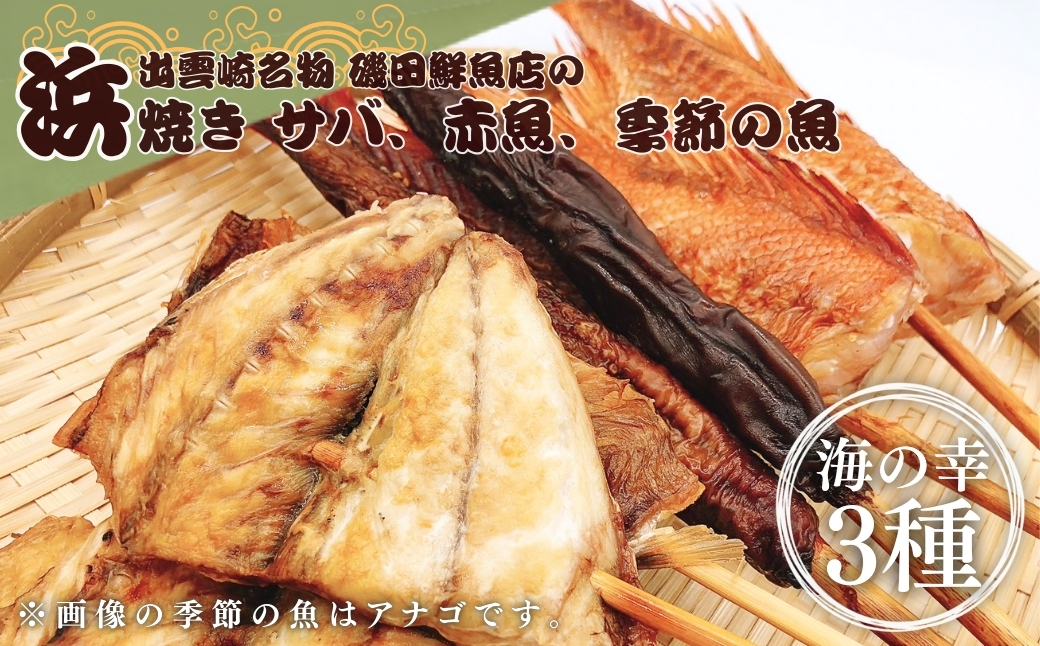 【出雲崎名物】磯田鮮魚店の浜焼き「3種セット」（さば・赤魚・季節の魚　各1束　計3束） 出雲崎町 サバ 鯖 赤魚 アナゴ 穴子 ギス カレイ 串焼き 新潟県 出雲崎町