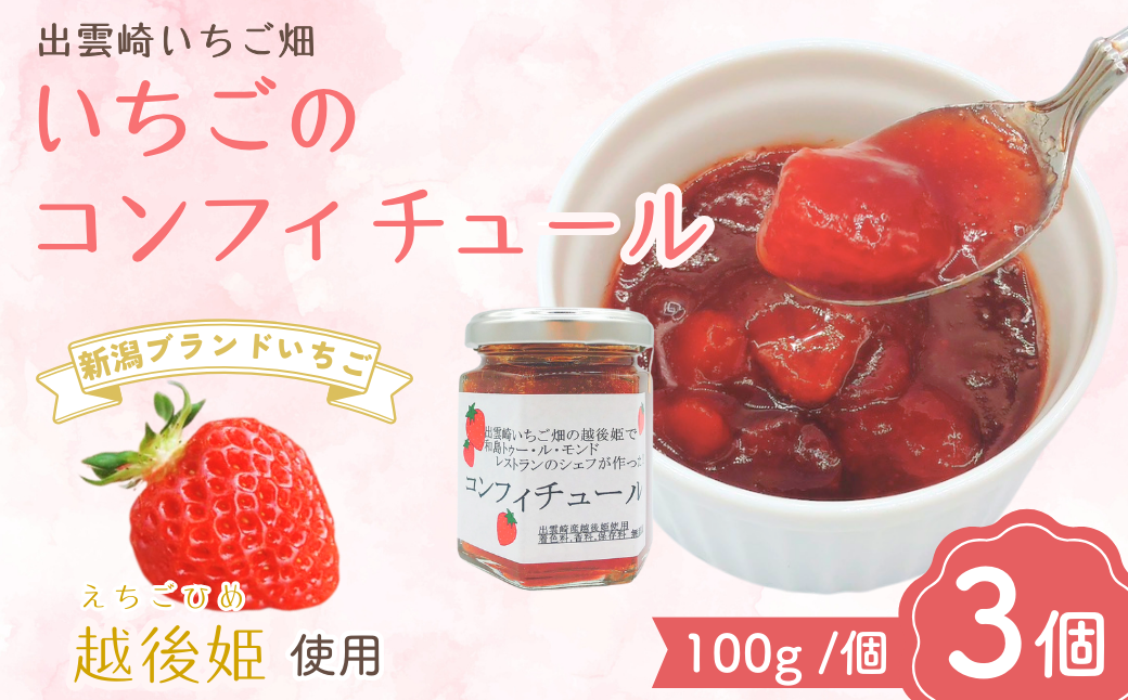 【越後姫 いちご】無添加 コンフィチュール ジャム （100g 3個） 新潟県 ブランドいちご イチゴ 果肉入り いちごジャム 苺 新潟県 出雲崎町