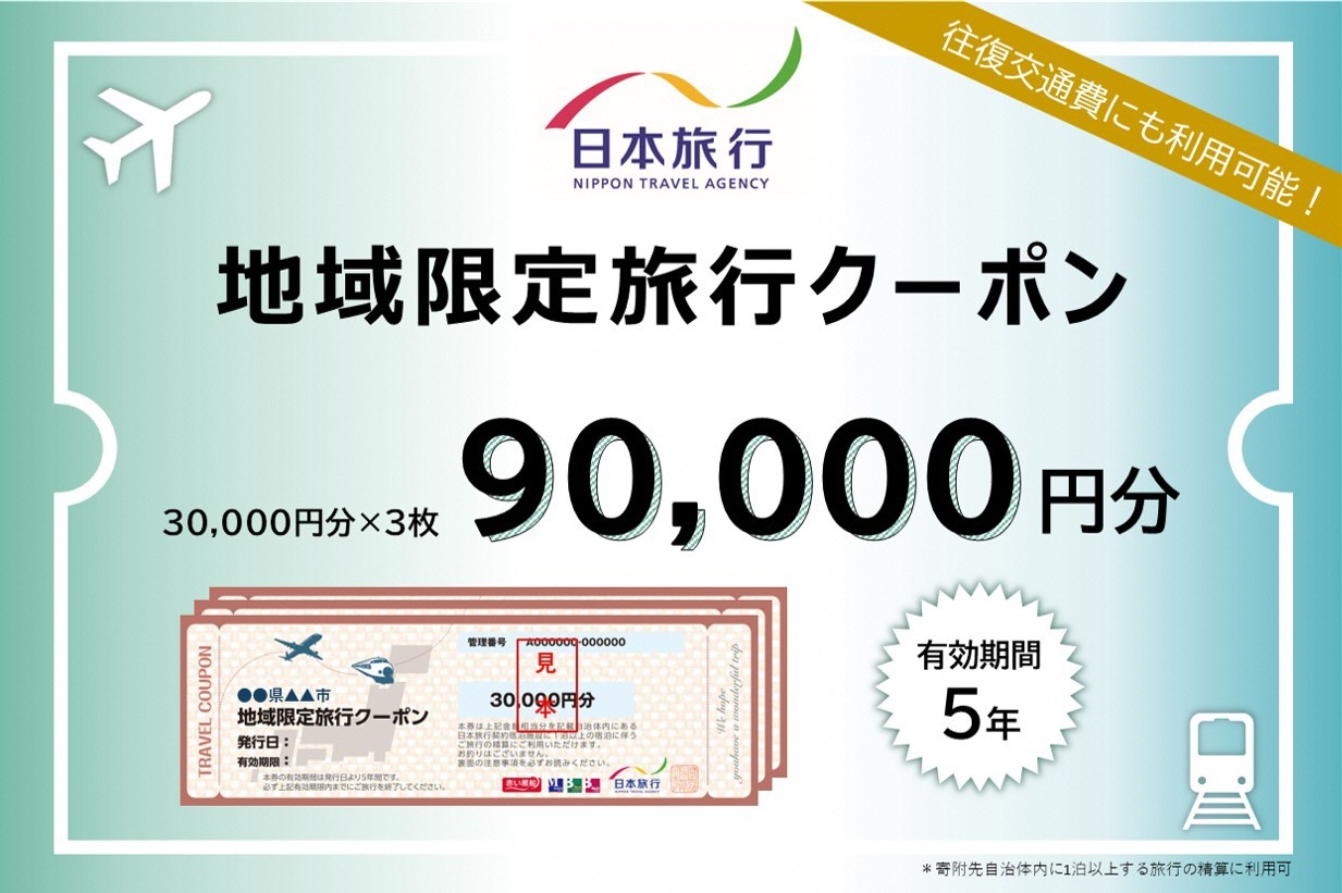 【日本旅行 90,000円分】地域限定旅行クーポン 発行日より5年間OK 宿泊費 交通費 観光 体験【レジャー】 NIHON-04