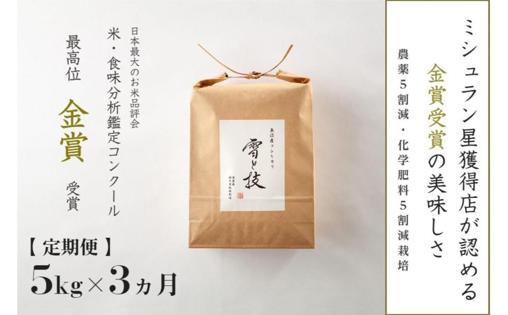 《 令和6年産 新米 》【定期便】 5kg ×3ヵ月 金賞受賞 魚沼産コシヒカリ 雪と技　農薬5割減・化学肥料5割減栽培