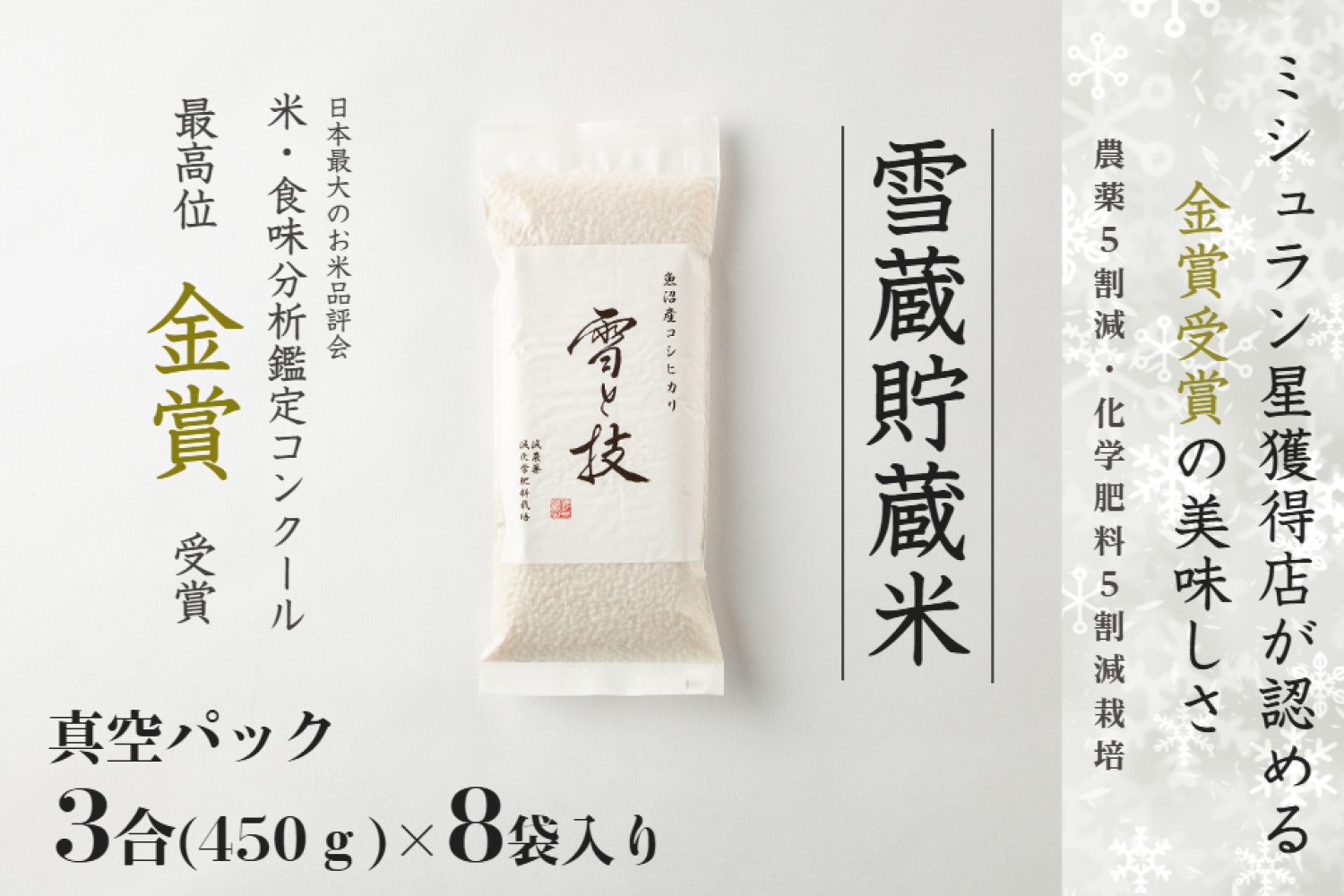 【令和7年産 】 雪蔵貯蔵 無洗米 金賞受賞 魚沼産コシヒカリ 雪と技 真空パック 3合 ×8袋 農薬5割減・化学肥料5割減栽培 藤ノ木株式会社