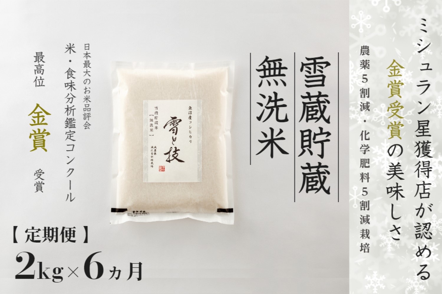 【令和7年産 】 定期便 2kg ×6ヶ月 雪蔵貯蔵 無洗米 金賞受賞 魚沼産コシヒカリ 雪と技 農薬5割減・化学肥料5割減栽培 藤ノ木株式会社
