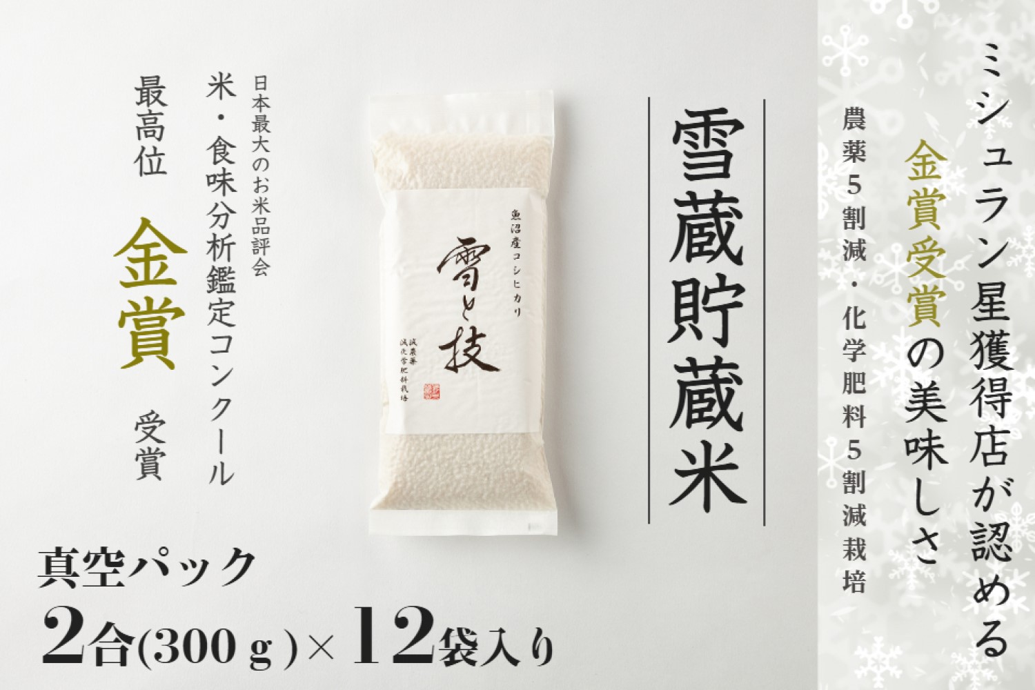 【令和7年産 】 雪蔵貯蔵 無洗米 金賞受賞 魚沼産コシヒカリ 雪と技 真空パック 2合 ×12袋 農薬5割減・化学肥料5割減栽培 藤ノ木株式会社