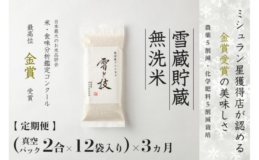 ≪ 令和6年産 新米 先行予約 ≫【定期便】〔 真空パック 2合 ×12袋 〕×3ヵ月《 雪蔵貯蔵 無洗米 》 金賞受賞 魚沼産コシヒカリ 雪と技  農薬5割減・化学肥料5割減栽培