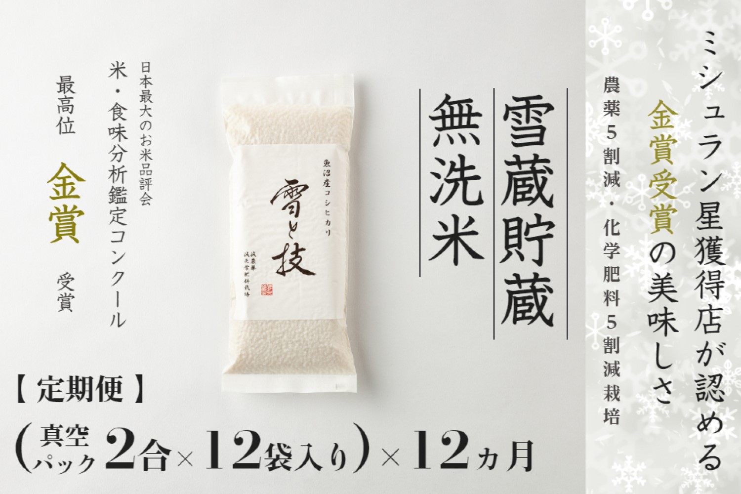 【令和7年産 】 定期便 〔 真空パック 2合 ×12袋〕×12ヶ月 雪蔵貯蔵 無洗米 魚沼産コシヒカリ 雪と技 金賞受賞 農薬5割減・化学肥料5割減栽培 藤ノ木株式会社