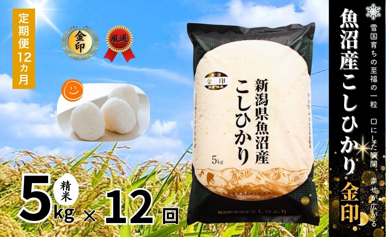 令和7年産新米[12ヶ月定期便]魚沼産コシヒカリ「金印」高食味米 5kg×全12回
