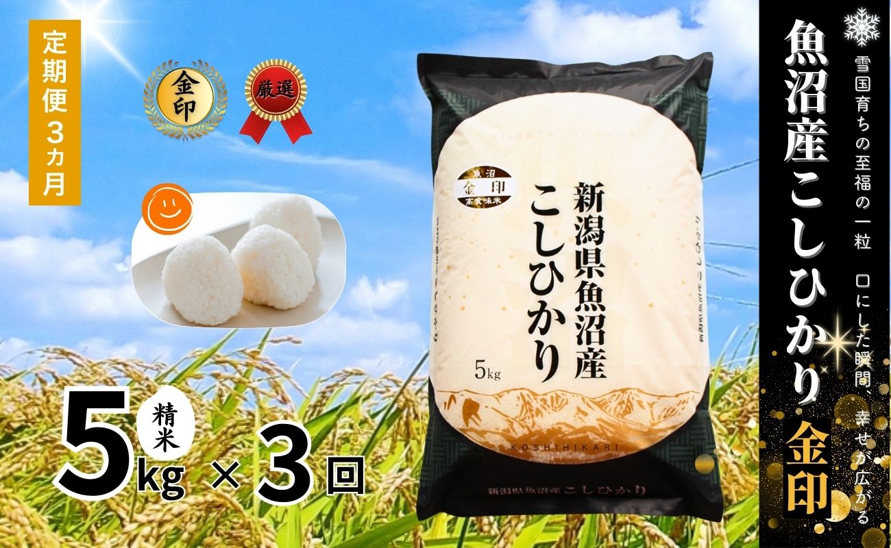 【3ヶ月定期便】令和7年産 魚沼産コシヒカリ「金印」高食味米 5kg×全3回
