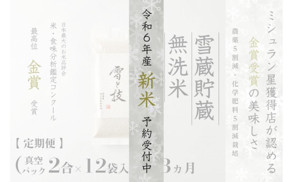 ≪ 令和6年産 新米 先行予約 ≫【定期便】〔 真空パック 2合 ×12袋 〕×3ヵ月《 雪蔵貯蔵 無洗米 》 金賞受賞 魚沼産コシヒカリ 雪と技  農薬5割減・化学肥料5割減栽培