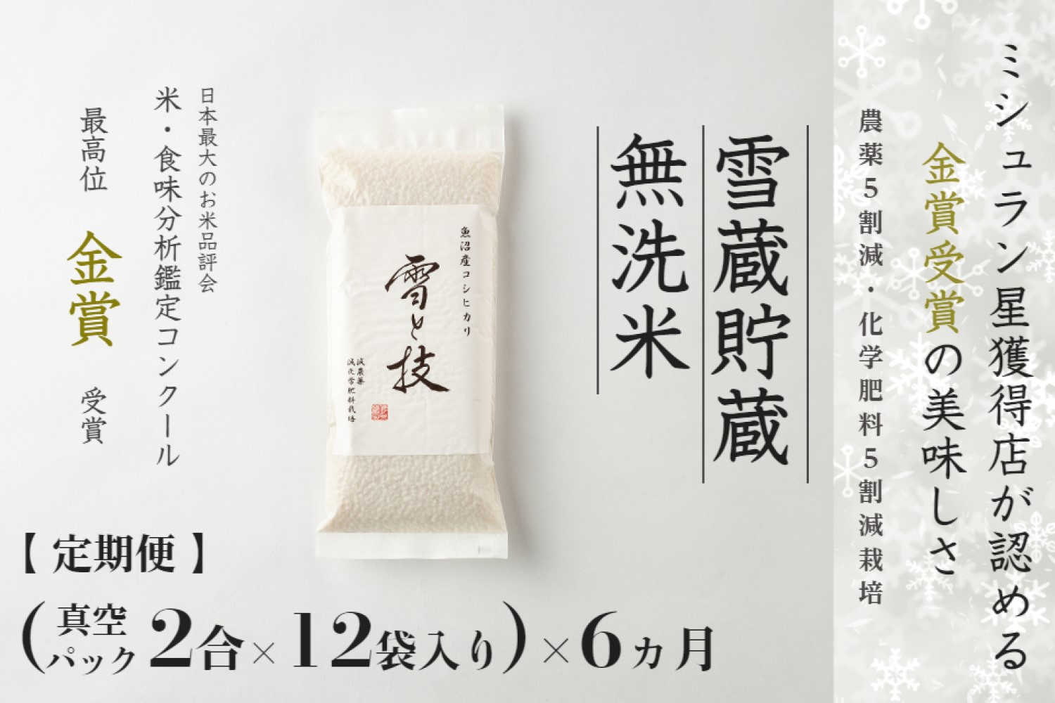 【令和7年産 】 定期便 〔 真空パック 2合 ×12袋〕×6ヶ月 雪蔵貯蔵 無洗米 金賞受賞 魚沼産コシヒカリ 雪と技 農薬5割減・化学肥料5割減栽培 藤ノ木株式会社
