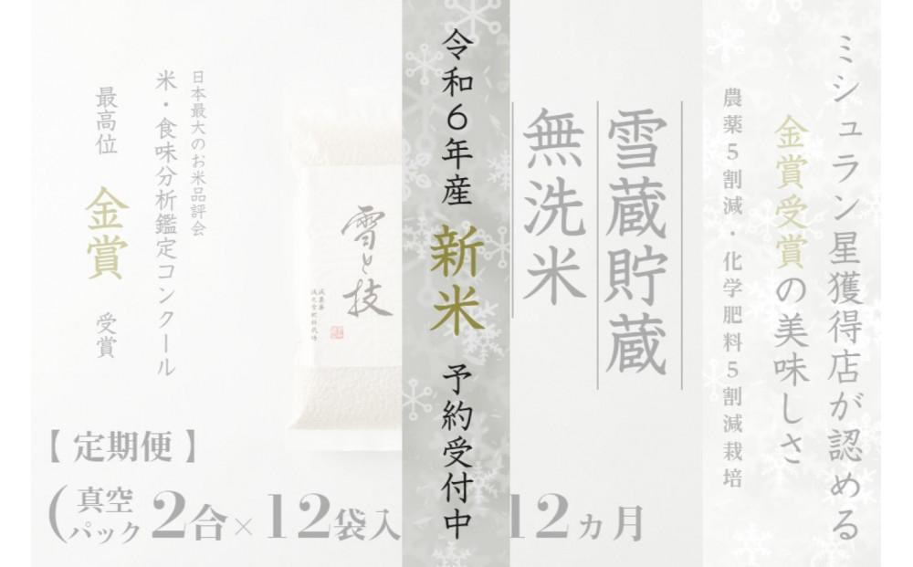 ≪ 令和6年産 新米 先行予約 ≫【定期便】〔 真空パック 2合 ×12袋 〕×12ヵ月《 雪蔵貯蔵 無洗米 》 金賞受賞 魚沼産コシヒカリ 雪と技  農薬5割減・化学肥料5割減栽培