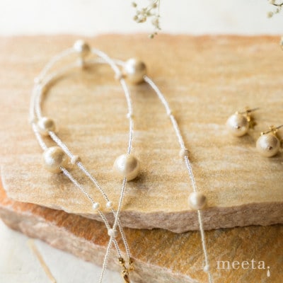 淡水パールとコットンパールのビーズ・ケプラーネックレスセット(白銀・チタンピアス)【配送不可地域：沖縄県】【1479519】