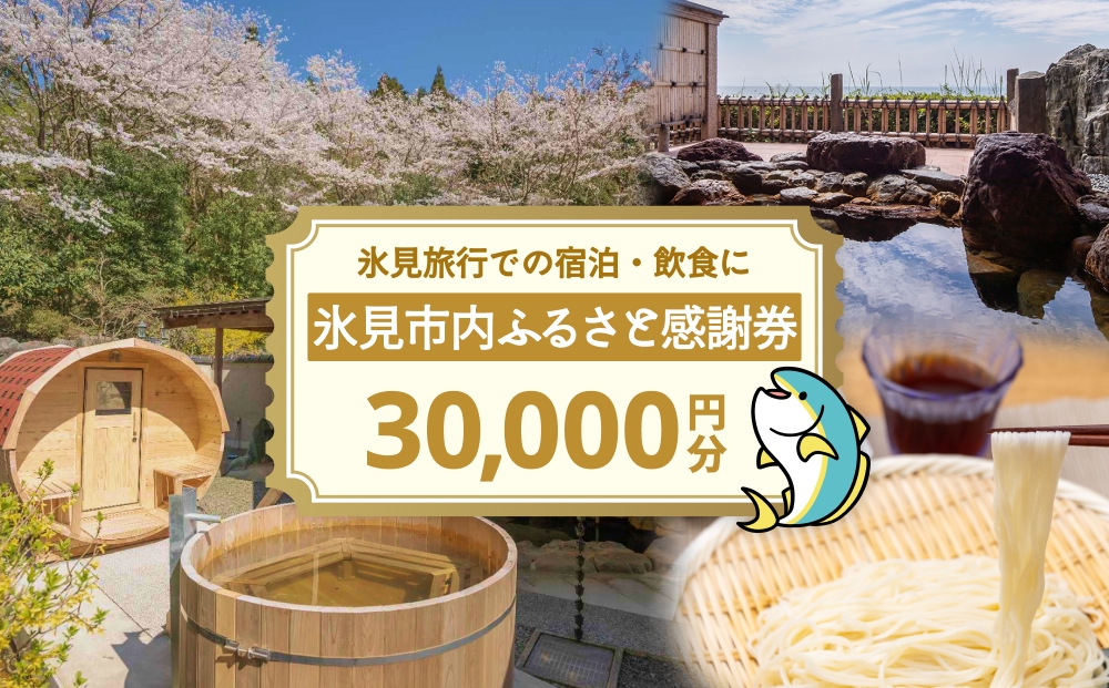 氷見市内ふるさと感謝券（宿泊・飲食） 30,000円分 観光 旅行 飲食 ランチ ディナー 食事  温泉 宿 民宿 旅 食体験 グルメ 富山県 氷見市