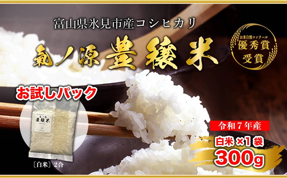 ＜ お試しサイズ ＞ 令和7年産 氷見産コシヒカリ 氣ノ源 豊穣米2合（ 白米 ） お米自慢コンクール優秀賞！ 精米 米 コシヒカリ 富山県産 富山県 氷見市