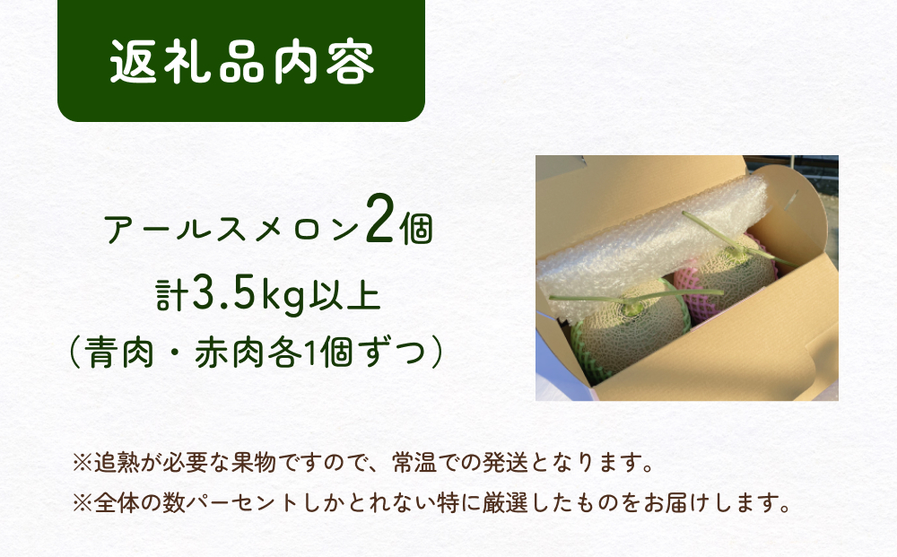 〈先行予約〉 アールスメロン 2個セット 計3.5kg以上（青肉１個、赤肉１個） ＜2026年6月下旬以降発送＞ 【贈答用】【秀品】