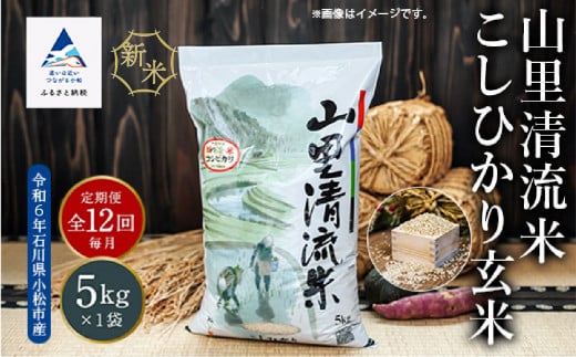 「令和6年産新米」【定期便】山里清流米こしひかり玄米 5kg×12回（毎月）　