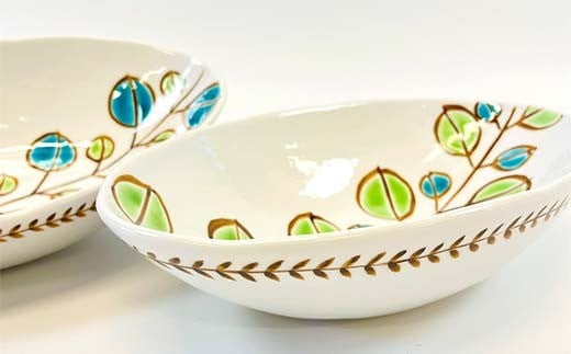 九谷焼 楕円ペア鉢 若葉 2個セット 伝統 工芸品 装飾品 盛り鉢 テーブルウェア 食器 プレゼント ギフト 贈り物 石川県 加賀市 F6P-2863