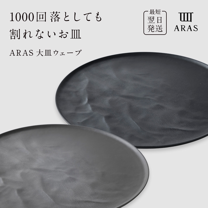 ARAS 大皿ウェーブ 2枚セット【カラー：グレー&ブラック】27cm 大皿 プレート 割れない 保証付き ARAS エイラス 色が選べる 皿 食器 うつわ 贈り物 ギフト 3万円 30000円 F6P-2593