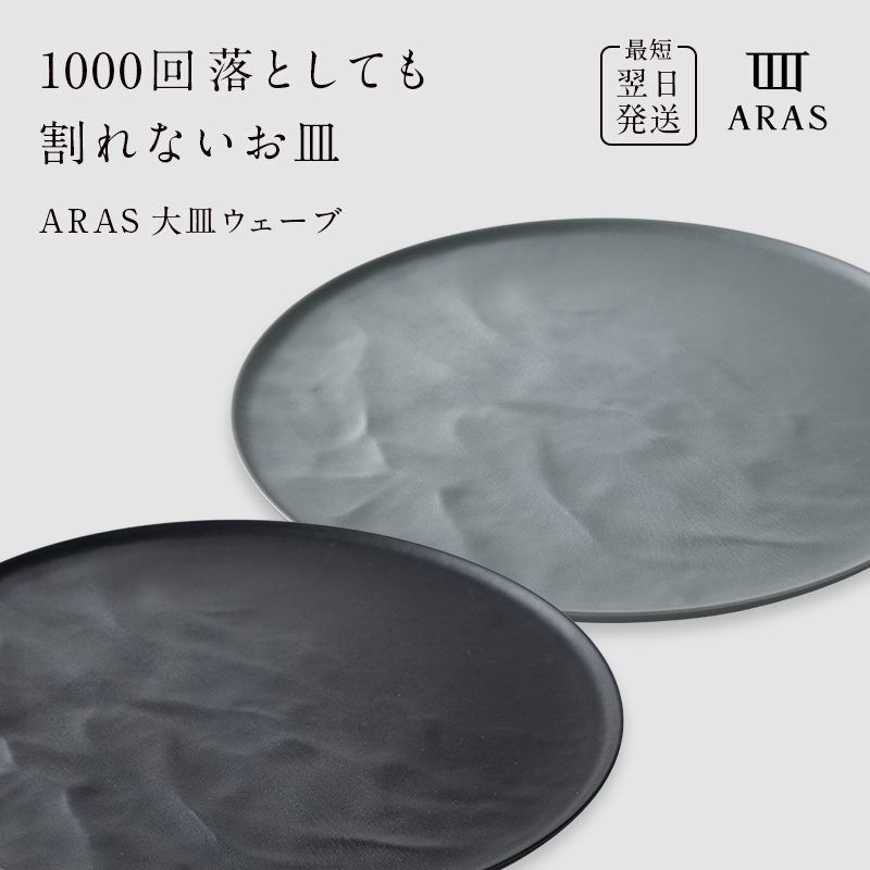 ARAS 大皿ウェーブ 2枚セット【カラー：ブラック&グリーングレー】27cm 大皿 プレート 割れない 保証付き ARAS エイラス 色が選べる 皿 食器 うつわ 贈り物 ギフト 3万円 30000円 F6P-2596