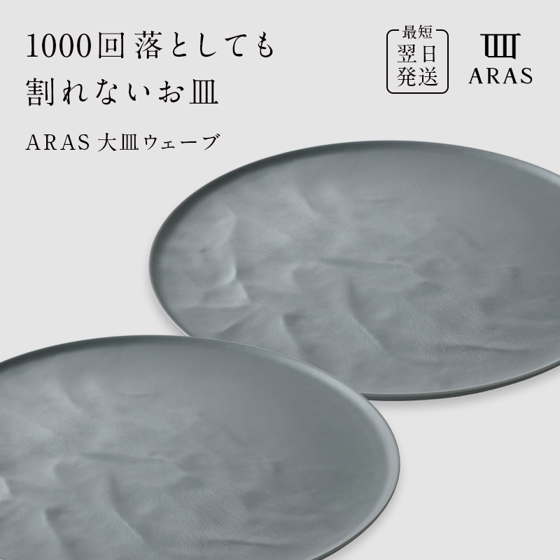 ARAS 大皿ウェーブ 2枚セット【カラー：グリーングレー2枚】27cm 大皿 プレート 割れない 保証付き ARAS エイラス 色が選べる 皿 食器 うつわ 贈り物 ギフト 3万円 30000円 F6P-2602