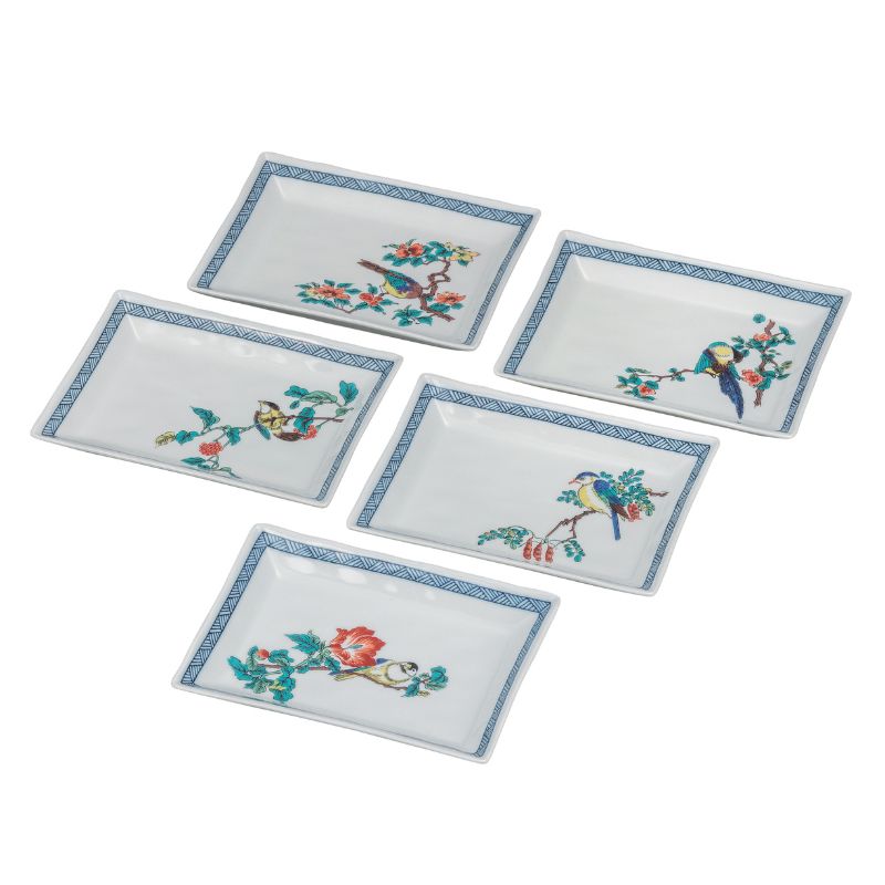 九谷焼 5.8号長角皿揃・花鳥絵変わり(5枚組)