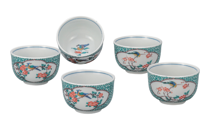 九谷焼 汲出揃・緑彩唐草花鳥