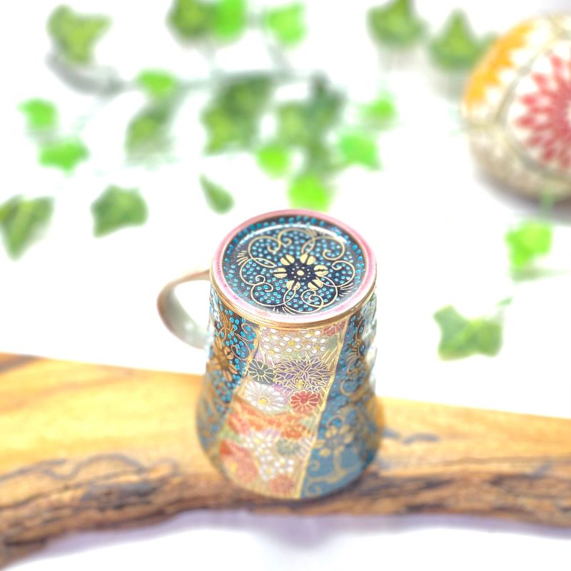 百華園 九谷 マグカップ 青粒＋金花詰(傑作) 裏絵 | 九谷焼 カップ マグカップ 食器 ティータイム 