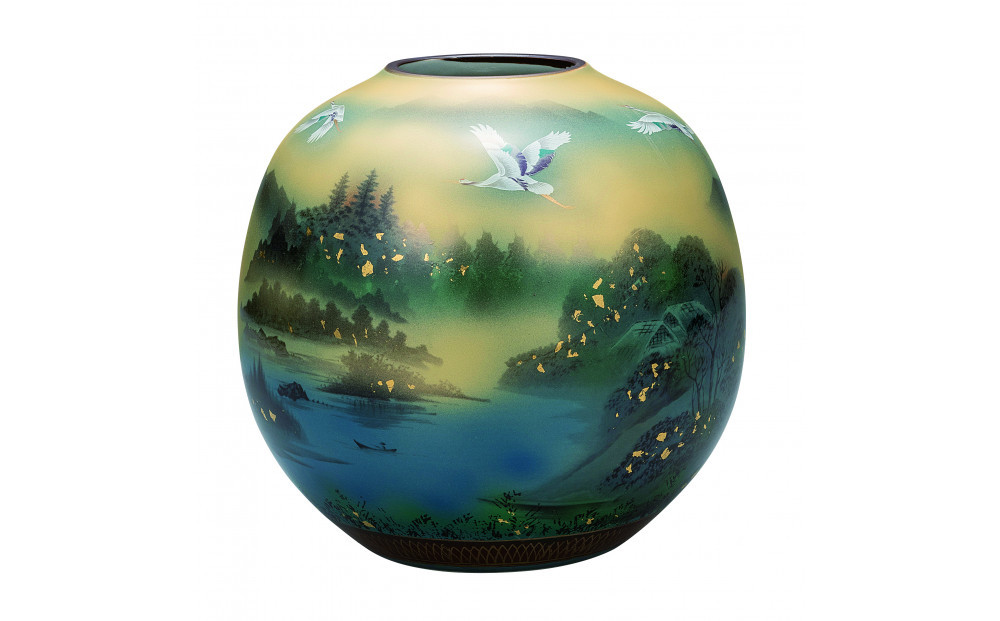 九谷焼　8号花瓶　金箔鶴山水 a05