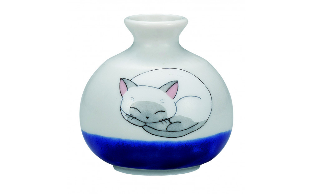 九谷焼　1.8号小つぼ花生　眠り猫　しろ