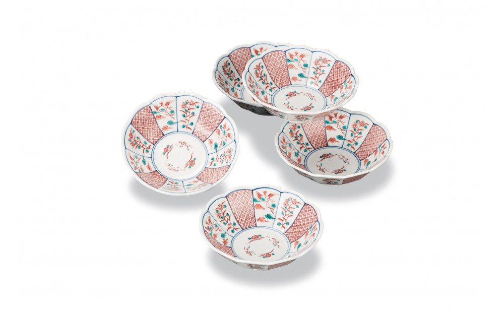 九谷焼　5号小鉢揃　赤絵小紋 a01 工芸品