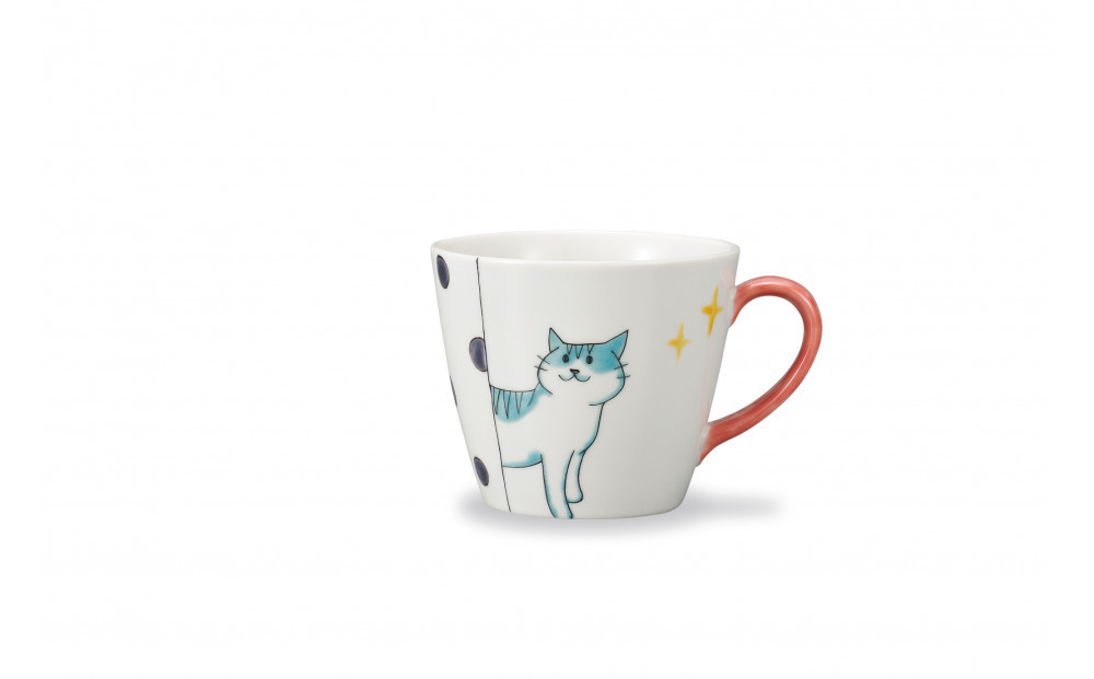 九谷焼　マグカップ　水玉ねこ　岡田絹代作 a04 工芸品