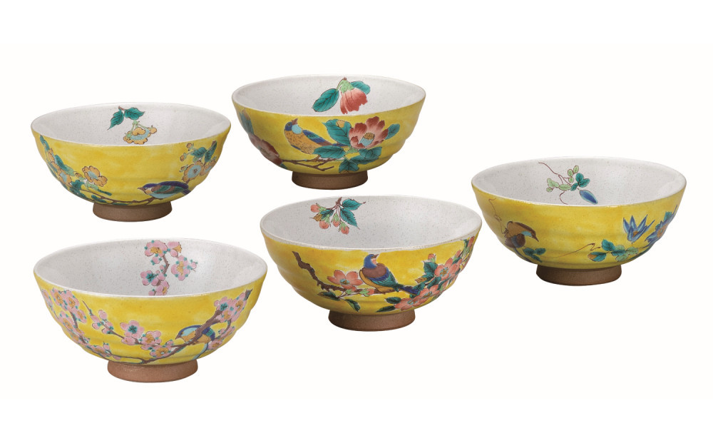九谷焼　 5客飯碗　吉田屋花鳥絵変り　a02