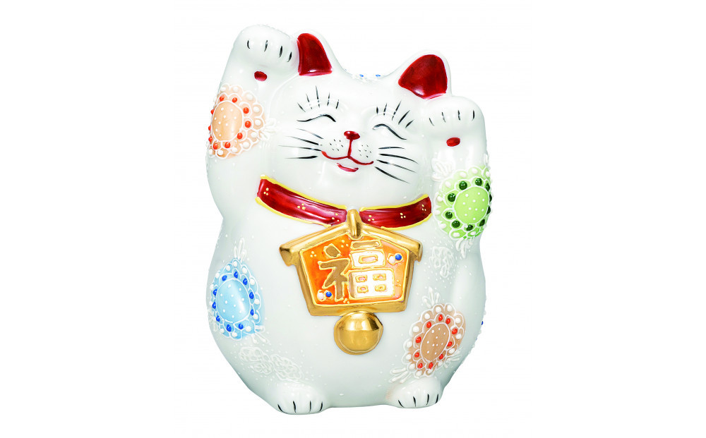 九谷焼　4.5号絵馬招き猫　白盛　a05