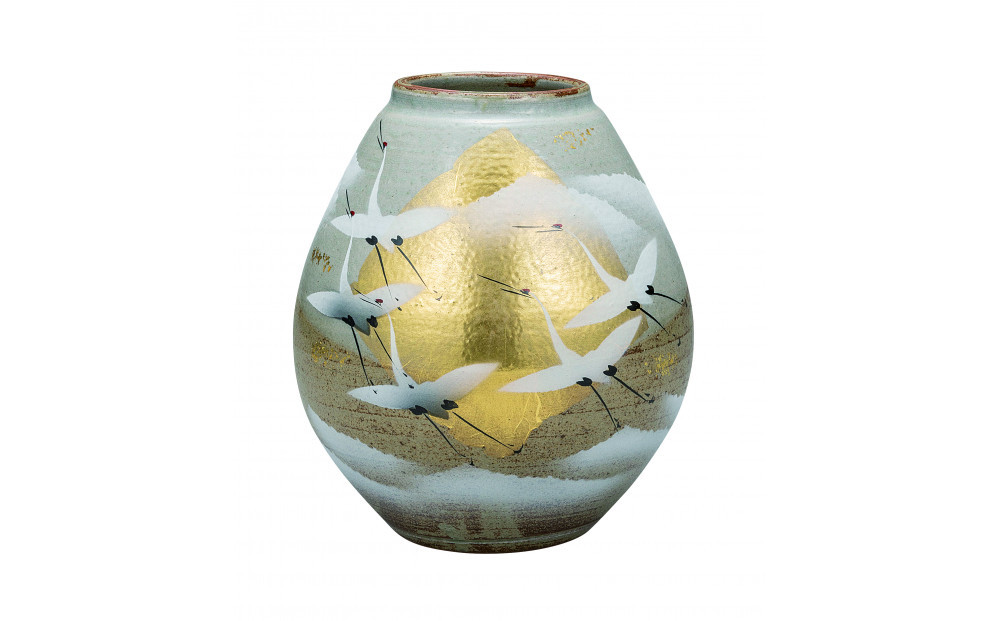 九谷焼　7.5号花瓶　金箔群鶴　山田登陽志 a05