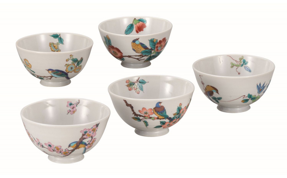 九谷焼　 5客軽量飯碗　花鳥絵変り　a02