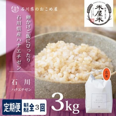 【毎月定期便】【軽やかな甘みと食べやすさ】石川県野々市市産ハナエチゼン 玄米 3kg全3回【4085907】