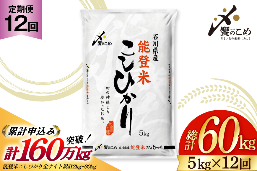 米 定期便 能登米 こしひかり 5kg ×12回 総計 60kg 精米 [中橋商事 石川県 宝達志水町 38600899] 能登 コシヒカリ お米 コメ 12ヶ月 12か月 5キロ 60キロ 白米 おこめ こめ