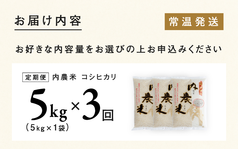 【3ヶ月連続お届け】2024年10月以降順次発送！新米！令和6年産 内農米コシヒカリ定期便 5kg × 3回 計15kg