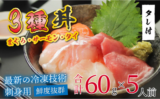 【刺身用】海鮮丼の具3種盛り（マグロ・サーモン・タイ）60g（タレ付） × 5人前【最新の冷凍技術】