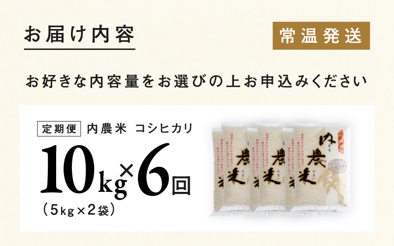 【6ヶ月連続お届け】新米！2024年10月以降順次発送！令和6年産 内農米コシヒカリ定期便 10kg × 6回 計60kg