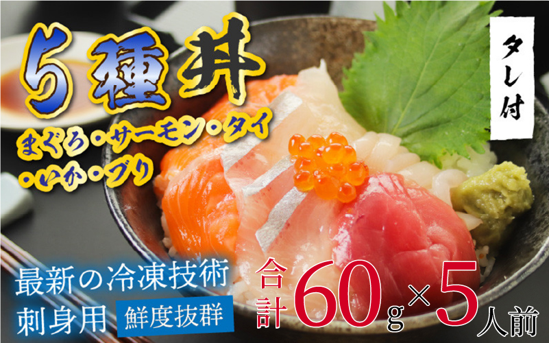 【刺身用】海鮮丼の具5種盛り（マグロ・サーモン・タイ・イカ・ブリ）60g（タレ付）× 5人前【最新の冷凍技術】